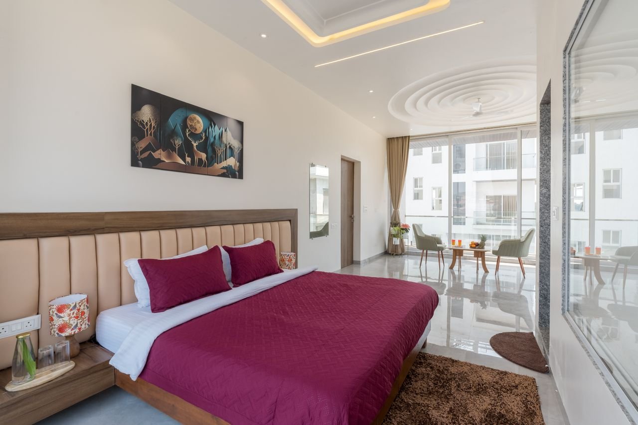 Elegant luxury hotel room with modern interiors and comfortable furnishings